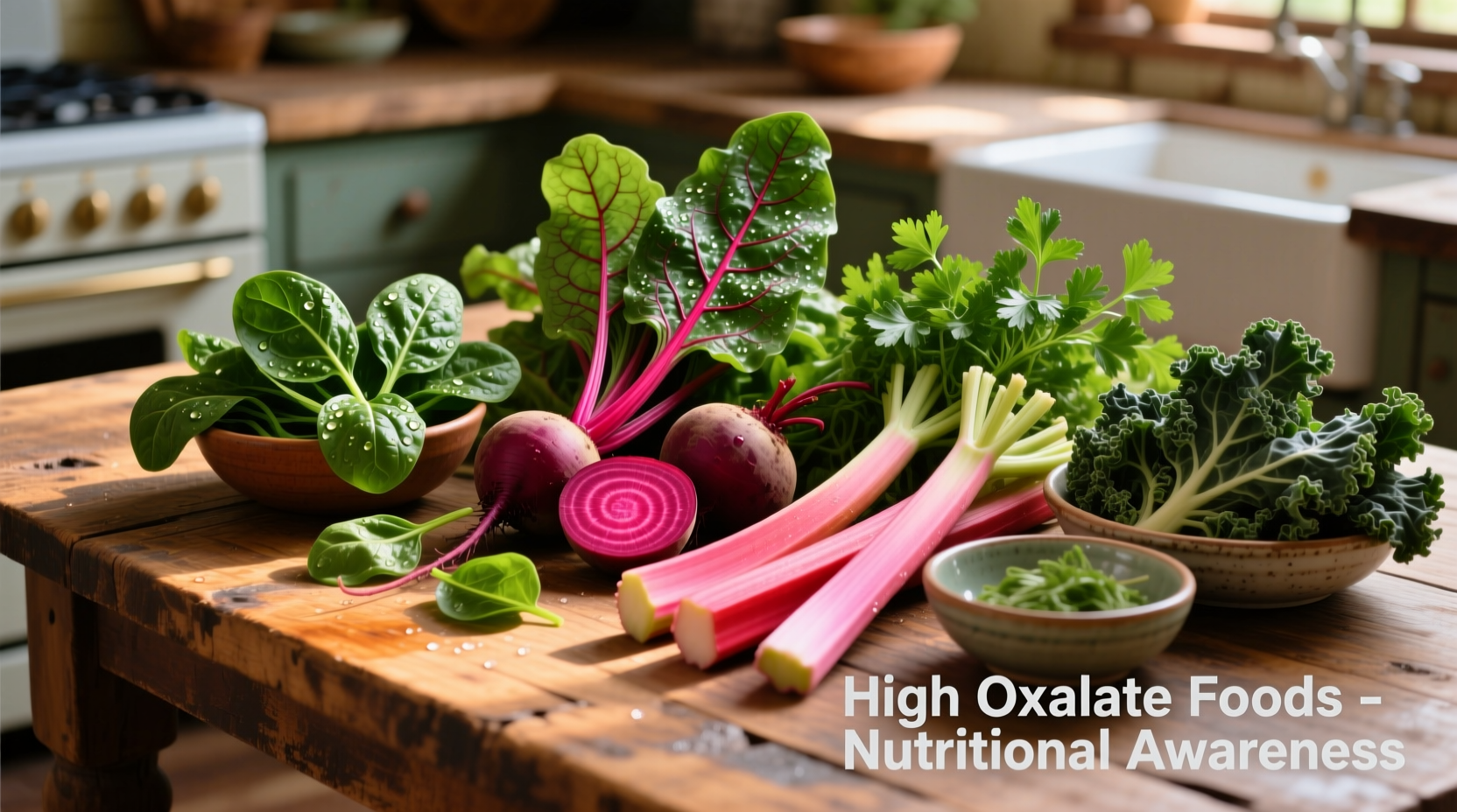 Colorful display of high oxalate foods on wooden table