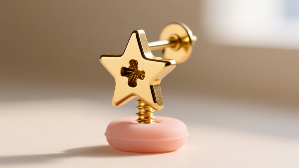 Macro shot of a gold screw-back clip on star earring mechanism, displaying the silicone comfort pad and threaded adjustment screw