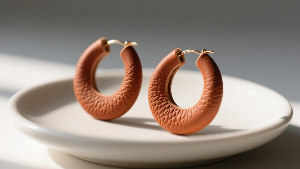 Close-up of terracotta-colored vegan leather hoop earrings resting on a minimalist ceramic dish under soft morning light.