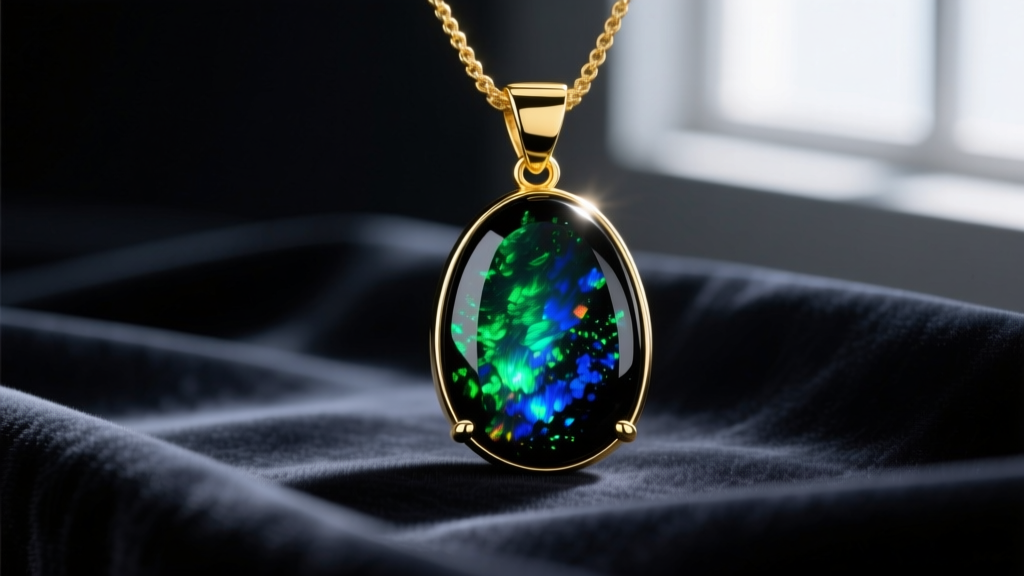 Macro shot of solid Australian black opal pendant in 14k yellow gold, showing vibrant green and blue play-of-color on dark velvet.