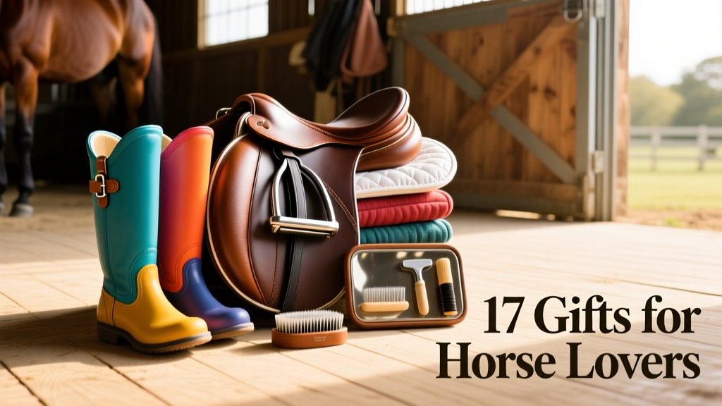 Stack of colorful horse fly boots next to a saddle pad and grooming kit on a clean barn floor
