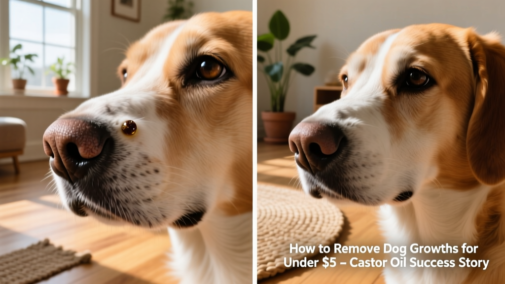 Side-by-side comparison showing a dog's nose before and after castor oil treatment, highlighting reduction of growth