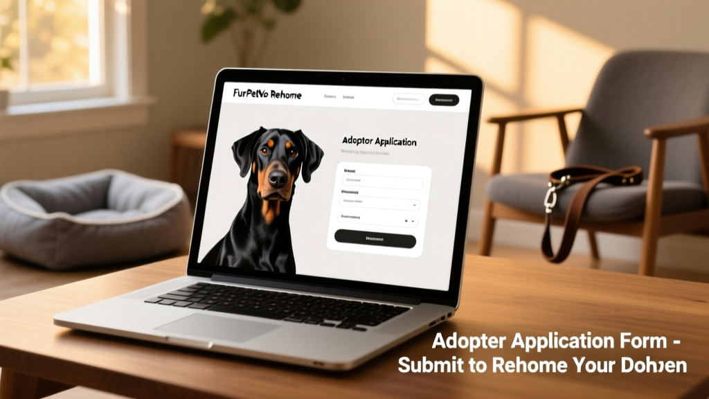A laptop screen showing the FurPetVo Rehome platform interface with a Doberman profile and adopter application form
