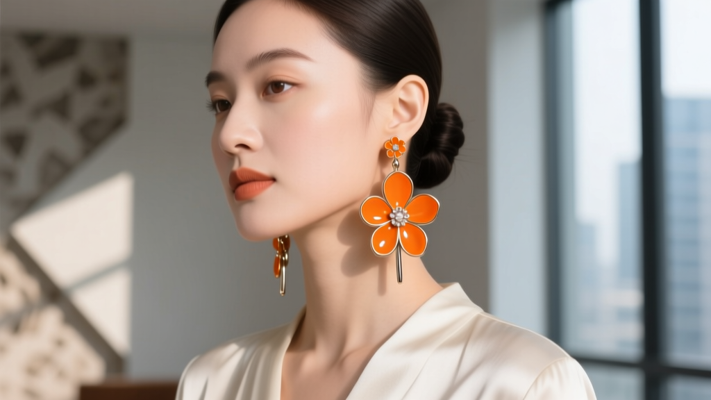 Elegant woman with a round face wearing long orange enamel flower drop earrings that visually elongate her jawline and neck