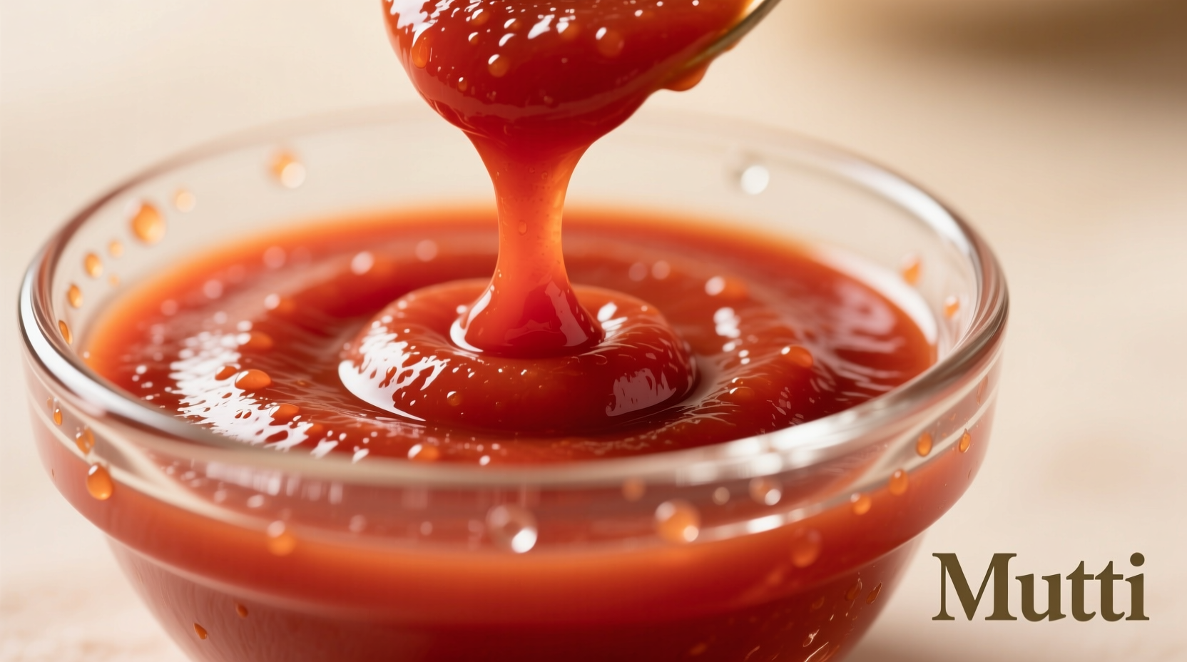 Smooth texture of Mutti tomato puree in glass bowl