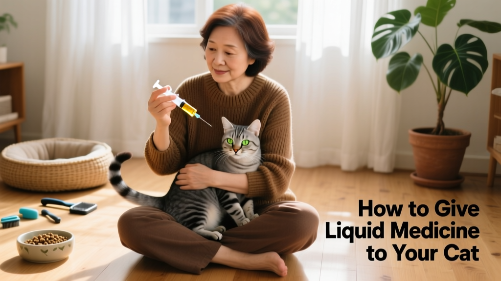 A calm, seated person gently holding a cat while preparing a syringe with liquid medication