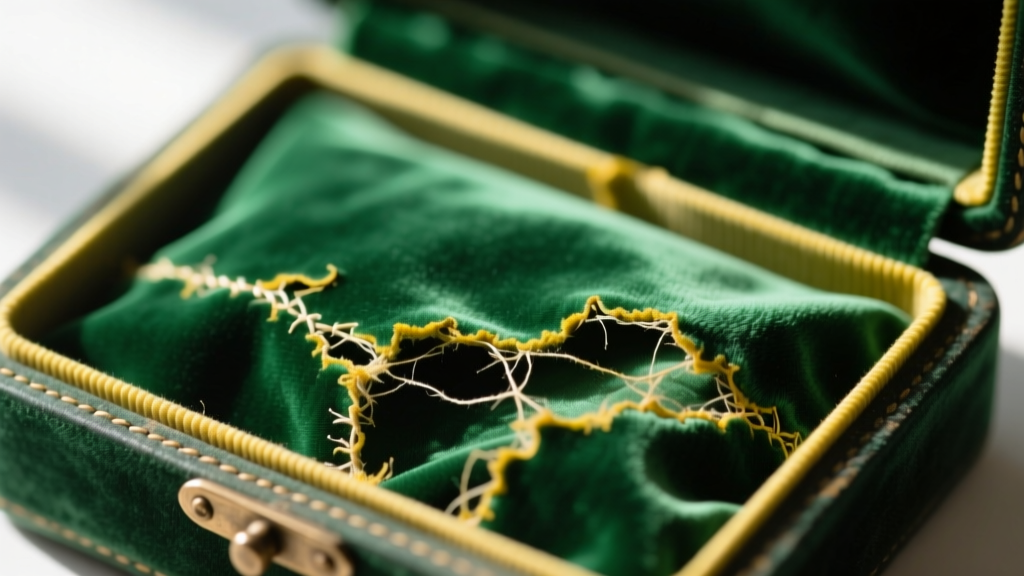 Macro photography of degraded emerald green rayon velvet jewelry box lining showing acidic yellowing and fraying at the seams