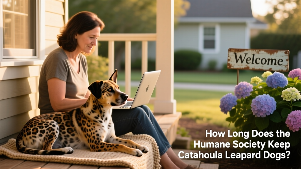 A person reviewing adoption applications on a laptop while sitting beside their Catahoula Leopard Dog
