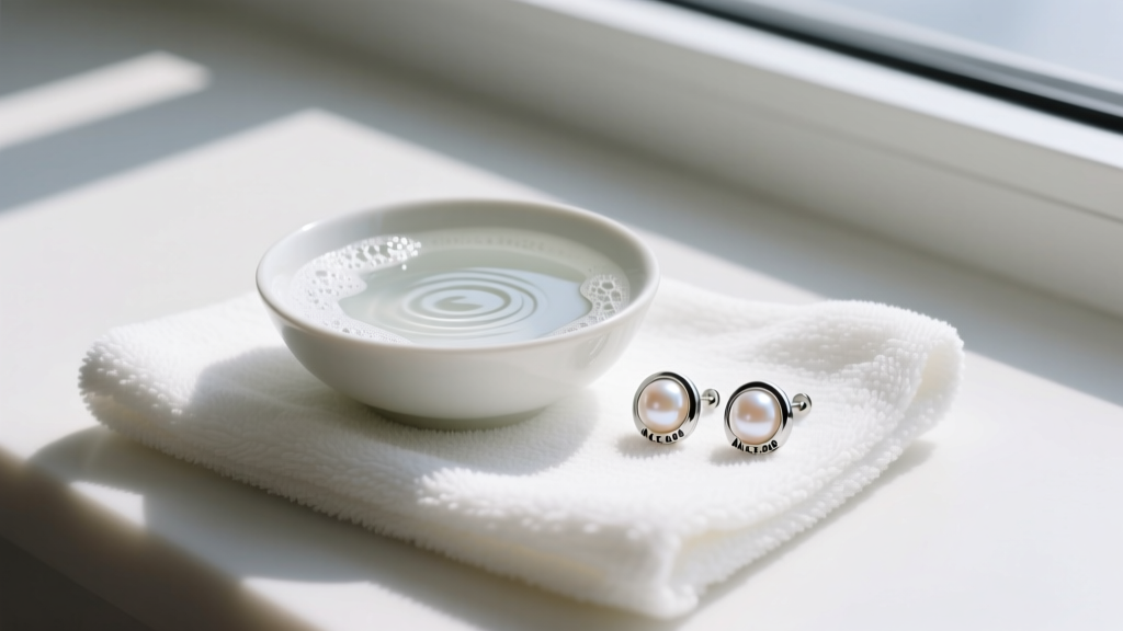 A flat-lay composition showing a soft microfiber cloth, a small bowl of mild soapy water, and a pair of pearl-accented Marc Jacobs stud earrings awaiting gentle cleaning.