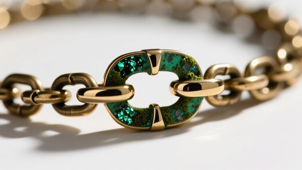 Macro shot of a tarnished brass necklace chain showing green oxidation near the clasp, contrasted with a bright polished section.
