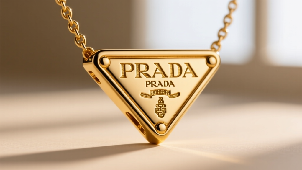 Extreme macro photography of a Prada triangle necklace clasp showing the microscopic PRADA laser stamp and gold plating texture