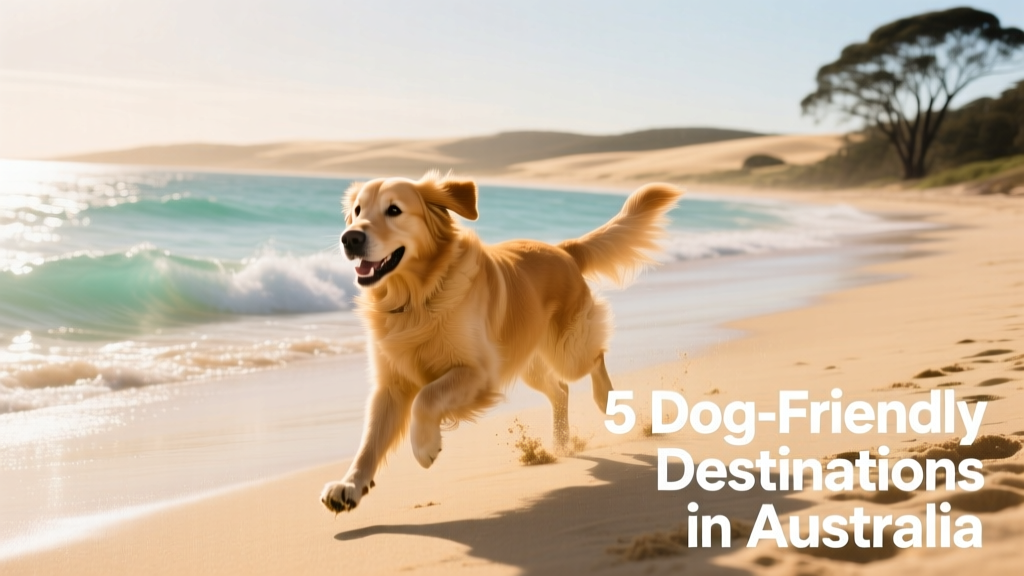 A golden retriever running along a sunlit beach with gentle waves