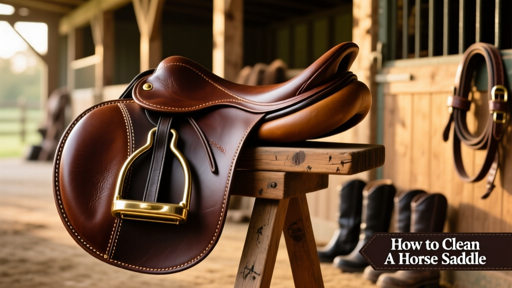 Close-up of a well-maintained English saddle on a stand, showing smooth leather, clean stitching, and polished hardware