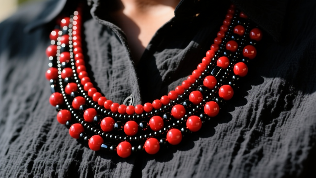 Close-up of a vibrant Santeria necklace featuring alternating red and black glass seed beads draped over a dark linen shirt.