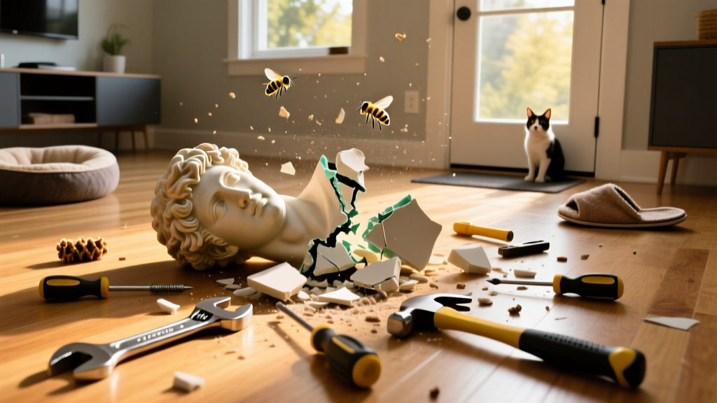 Comedic scene showing a broken sculpture and scattered tools on a pristine hardwood floor