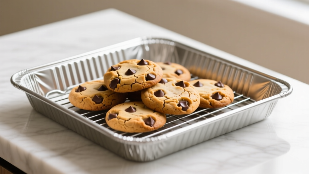 Close up of aluminized steel half sheet pan with corrugated surface holding freshly baked golden chocolate chip cookies cooling on rack