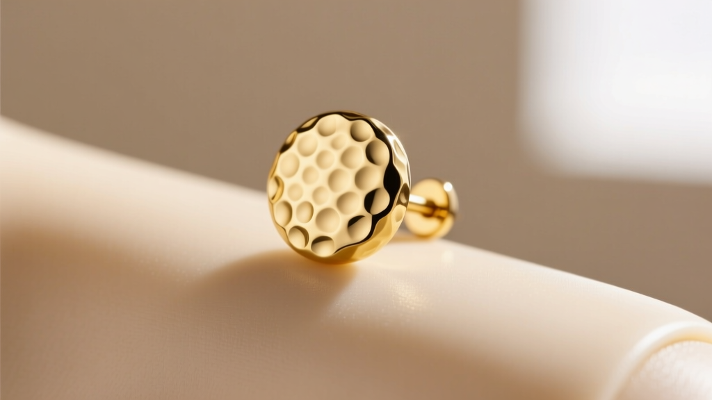 Macro shot of a 6mm 18k yellow gold hammered circular stud earring on a model's earlobe, soft studio lighting, 2026 jewelry trend