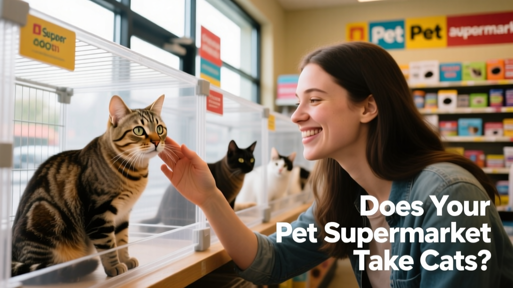 A friendly cat interacting with a potential adopter at a Pet Supermarket adoption event