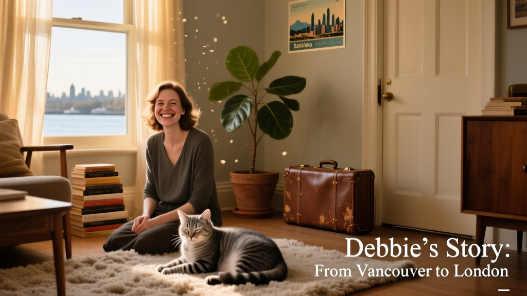 Debbie smiling beside a sunlit window in a cozy living room with a cat curled nearby