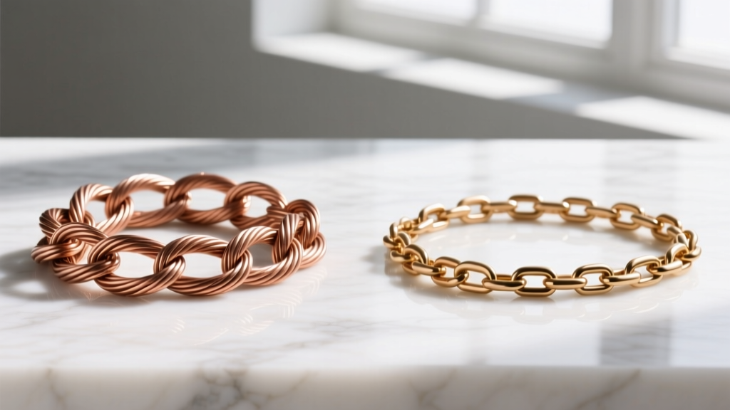 Side-by-side view of a tangled fine cable chain and a smooth wheat chain, photographed on a clean white marble background surface.