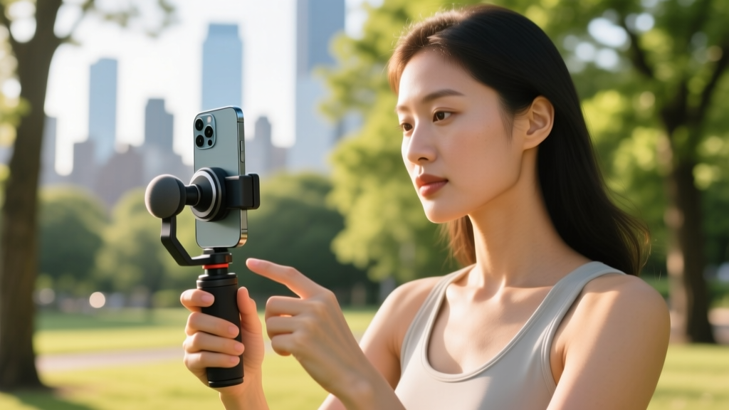 Photographer holding an iPhone with a magnetic ShiftCam SnapGrip attached, using the built-in joystick to adjust framing while shooting outdoors
