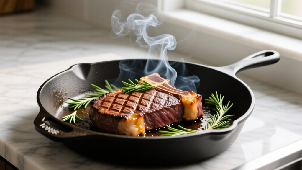 Thick ribeye steak searing in a pre-heated Lodge 10.25 inch cast iron skillet with smoking tallow and fresh rosemary sprigs