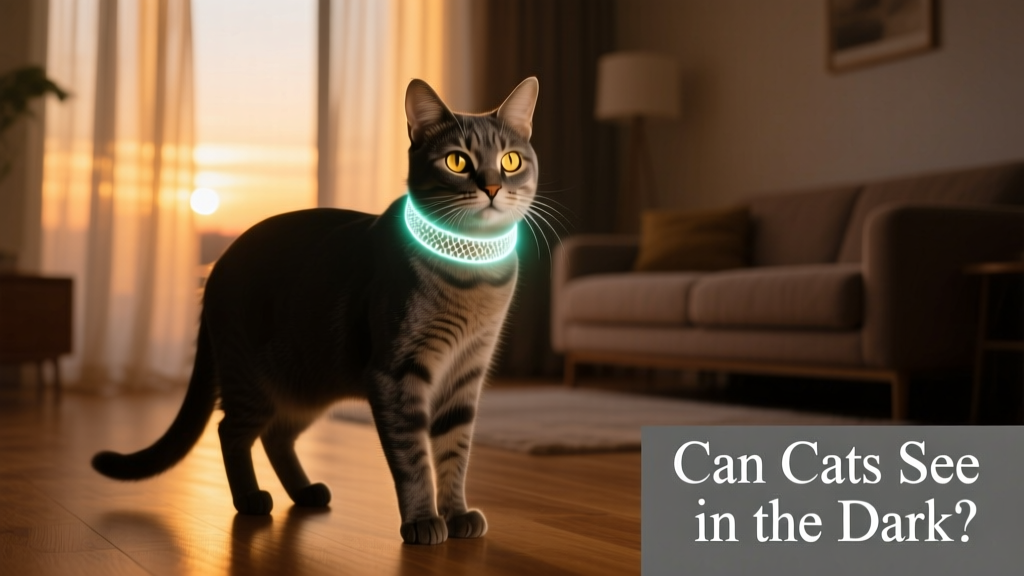 Cat wearing a soft, reflective glow-in-the-dark collar indoors at dusk