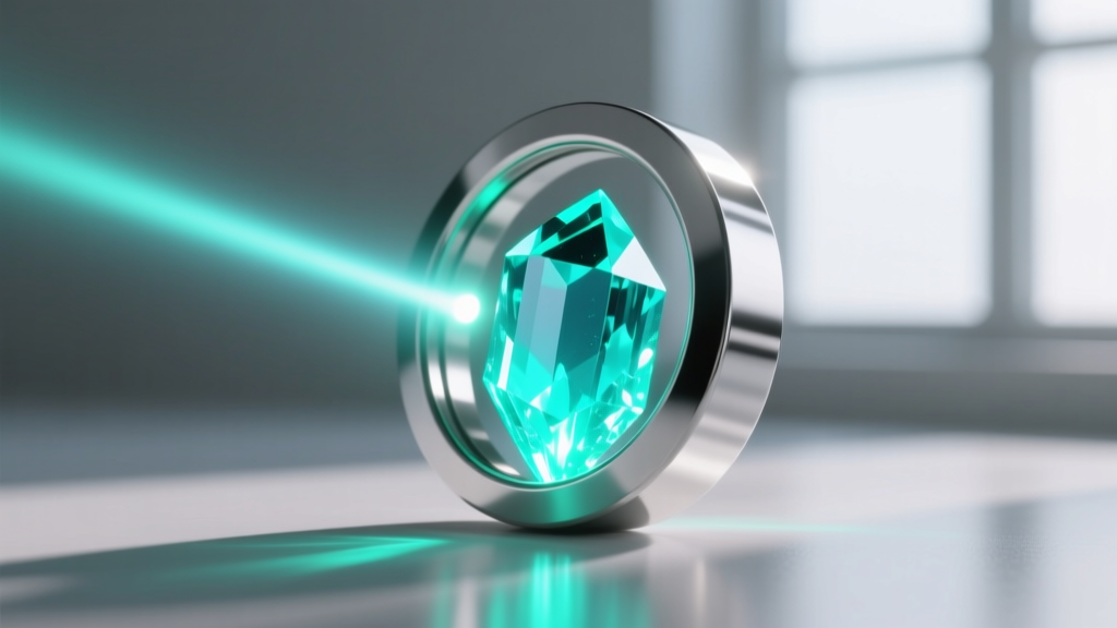 Close-up of a 365nm UV flashlight beam striking a glowing europium-doped strontium aluminate crystal in a silver bezel setting