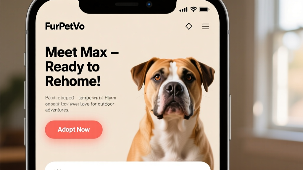 Screenshot-style mockup of a FurPetVo Rehome profile page showing an American Bulldog's photo, bio headline, and 'Adopt Now' button