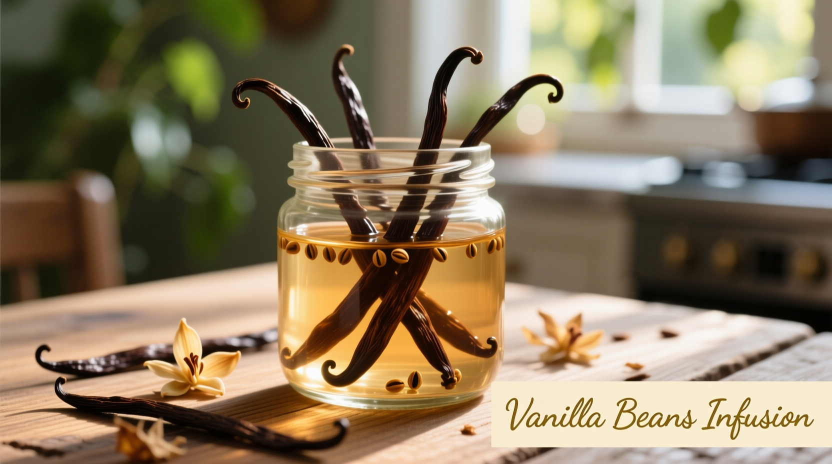 Homemade vanilla beans steeping in glass jar