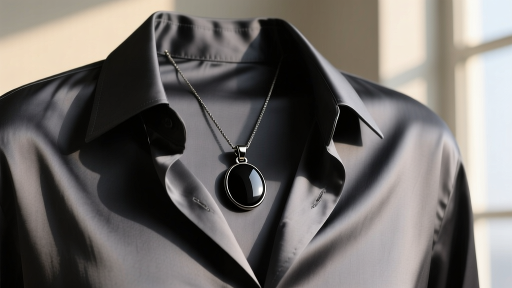Matte black titanium pendant with a fixed bail hanging perfectly centered on a dark grey silk button-down shirt placket area.