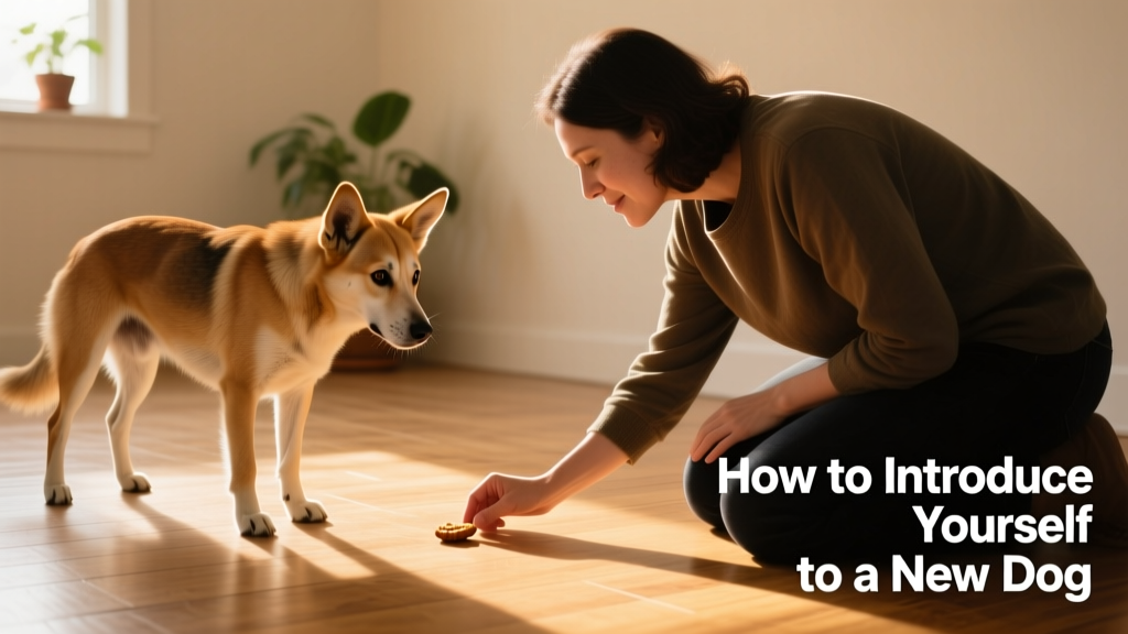 A person placing a small treat on the floor near a cautious shelter dog who is sniffing it from a safe distance