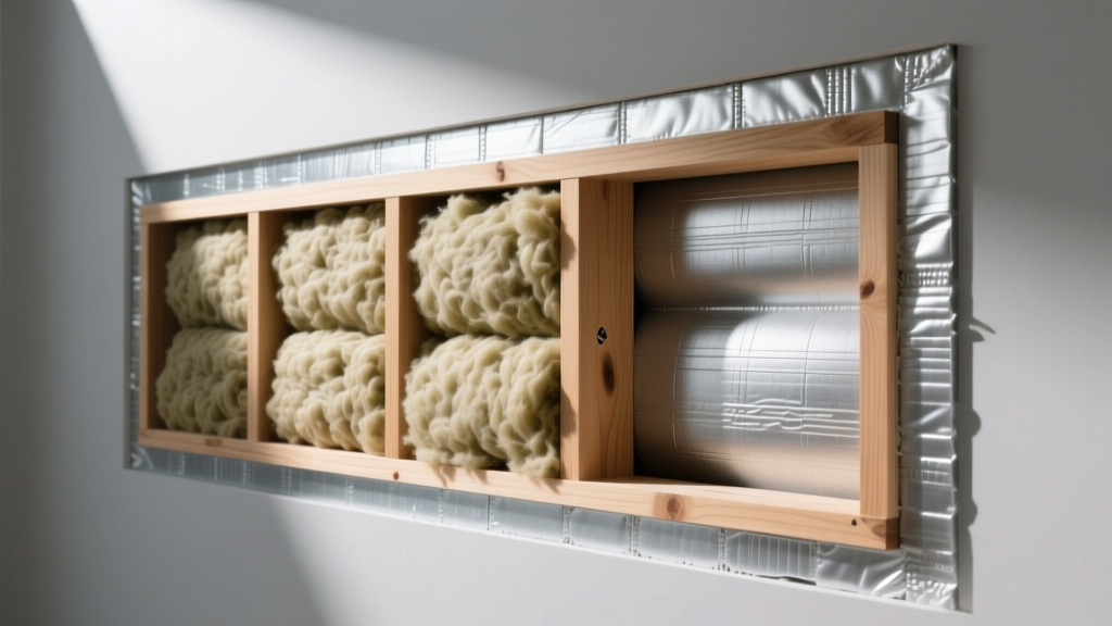 Cross-section of a 2x6 wood-framed wall cavity filled with dense mineral wool batts and exterior continuous polyiso rigid foam board