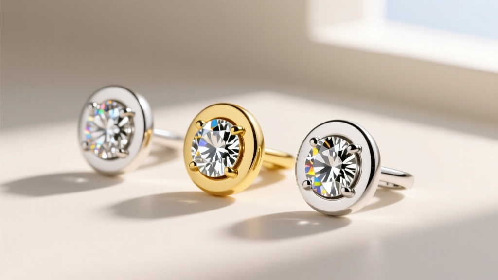 Side profile of three bezel set diamond earrings in 18k white gold, 14k yellow gold, and platinum, showing varying rim thickness.