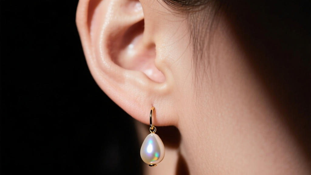 Close-up of an ear wearing an 18mm teardrop faux pearl drop earring on a gold French wire, softly lit against a dark moody background