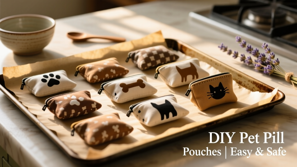 Assortment of finished pill pouches arranged neatly on a parchment-lined baking sheet