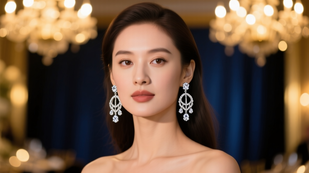 Elegant woman wearing 10 ct diamond drop earrings at a gala, soft bokeh background highlighting the platinum basket settings.
