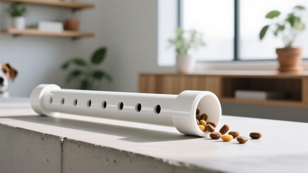 A white Polyvinyl Chloride pipe with drilled holes and end caps acting as a rolling treat dispenser for dogs.