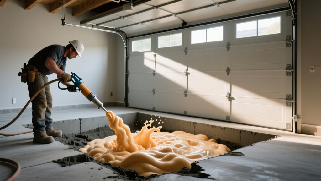 Contractor injecting high-density polyurethane foam into a sunken concrete slab foundation in a residential garage to level the floor