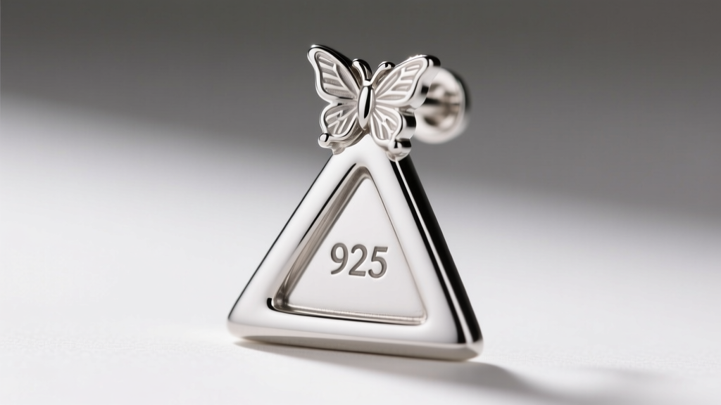 Close-up of a silver triangle earring post and butterfly clutch, showing the 925 hallmark stamped clearly on the flat backing
