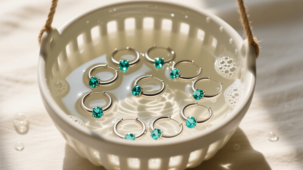 Overhead view of a cleaner basket holding 18-gauge titanium huggies with topaz accents submerged in warm soapy water.