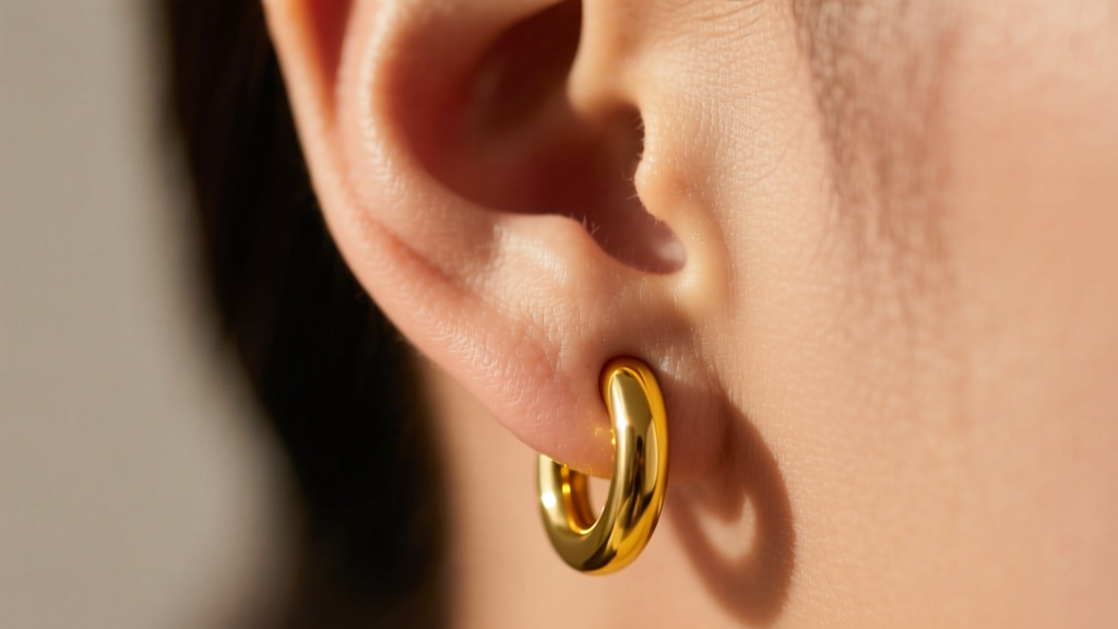 Close-up of a stretched earlobe wearing a thick 10-gauge solid yellow gold sleeper hoop, illuminated by warm directional lighting.