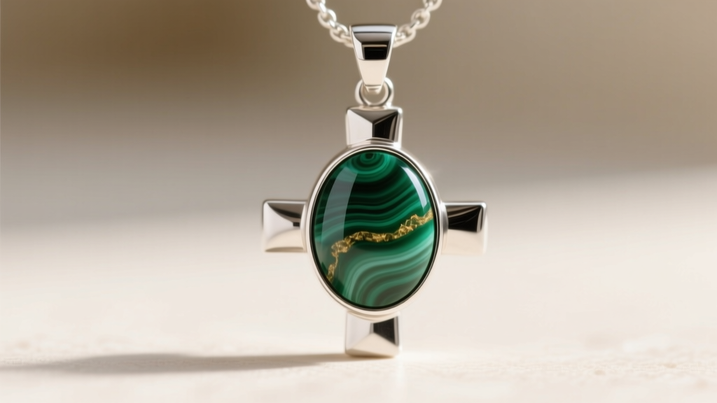 Macro shot of an Eilat stone cabochon set in a 925 silver bezel on a Holy Land cross pendant, showing natural malachite banding.