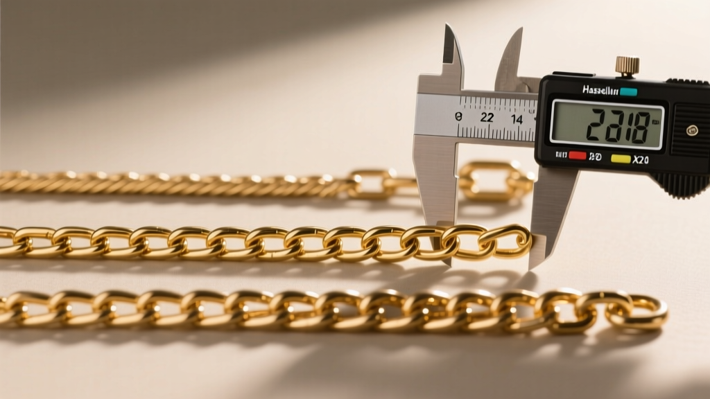 Three brass chains side-by-side showing 22-gauge cable, 18-gauge figaro, and 14-gauge curb links measured by a digital caliper.