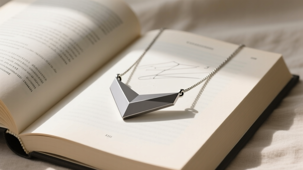 Lightweight Grade 23 titanium geometric pendant necklace resting on an open college textbook, showcasing its matte grey finish.