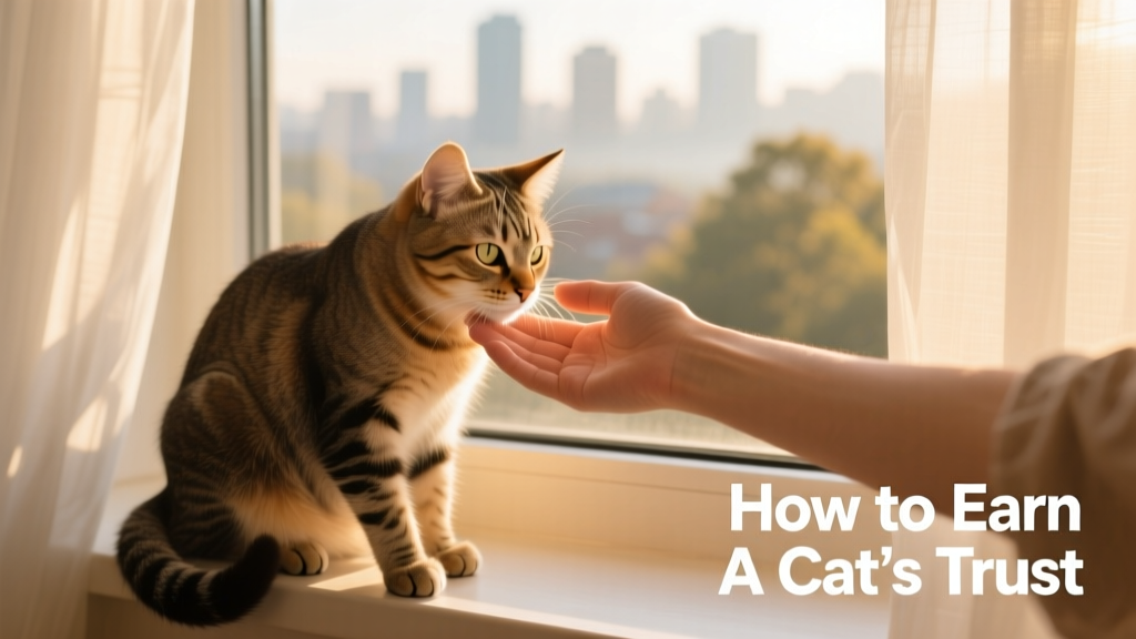 A happy cat gently head-butting a person’s hand while sitting on a sunlit windowsill