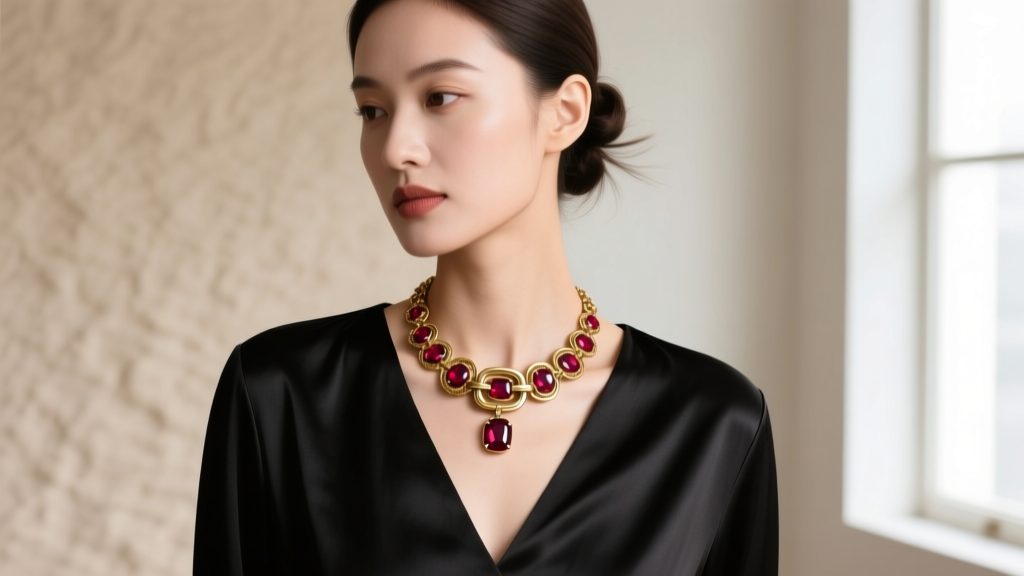 Woman in black silk V-neck blouse wearing a chunky vintage gold and ruby belt motif necklace resting elegantly at her collarbone