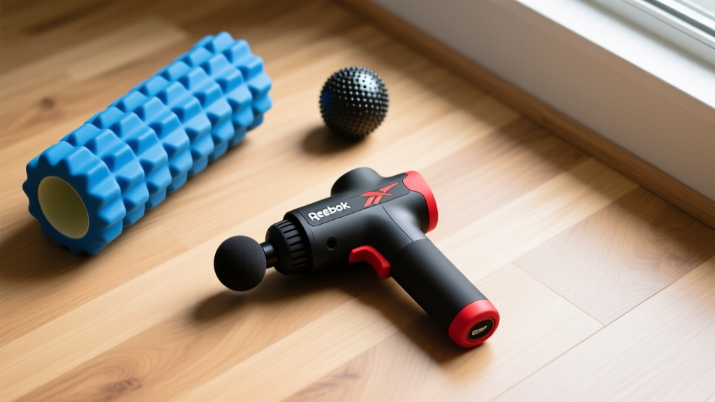 Overhead view of a Reebok massage recovery kit including the cordless massage gun, EVA foam roller, and lacrosse ball arranged neatly on a hardwood floor.