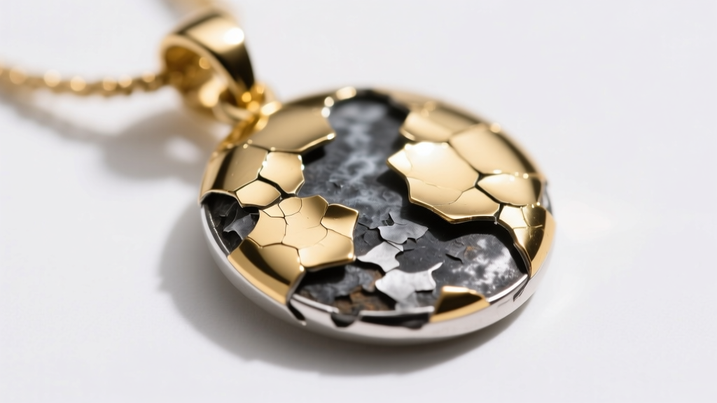 Macro shot of a gold-plated silver pendant showing severe flaking and peeling, revealing the dark oxidized base metal underneath.