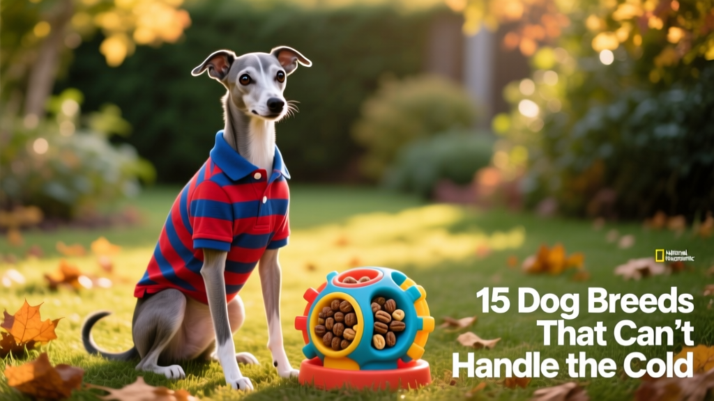 An Italian Greyhound wearing a red-and-blue striped polo shirt, sitting attentively beside a treat-dispensing puzzle toy